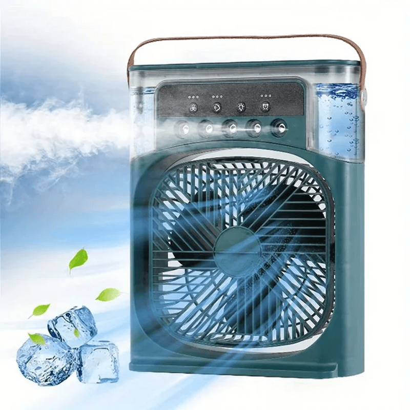 Ventilador de escritorio con agua, compacto y de bajo consumo, perfecto para mantenerte fresco en el hogar.