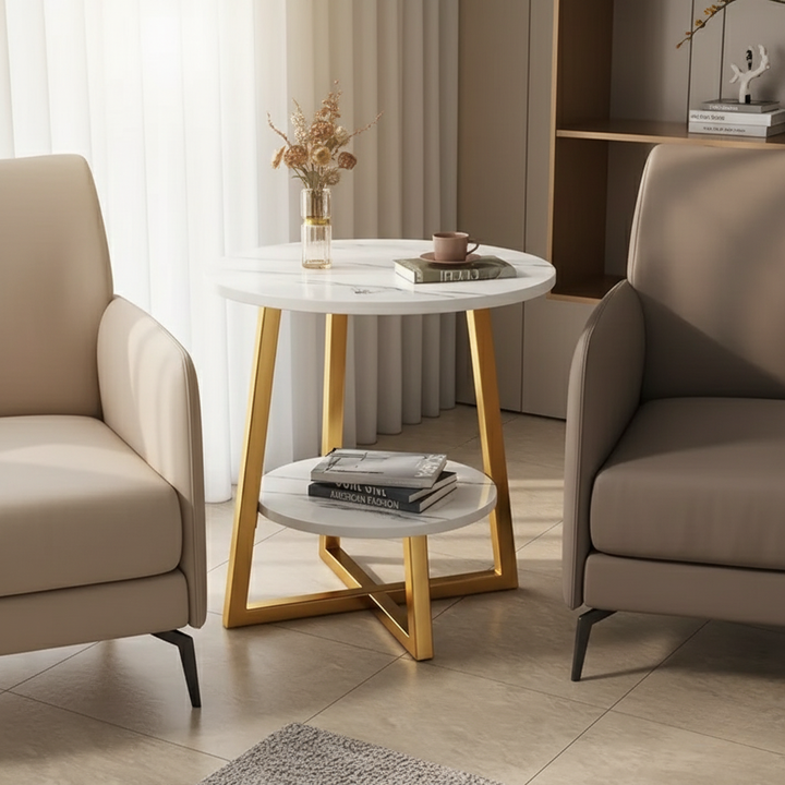 Mesa de noche redonda con doble nivel, diseño moderno y compacto para dormitorios. Muebles versátiles.
