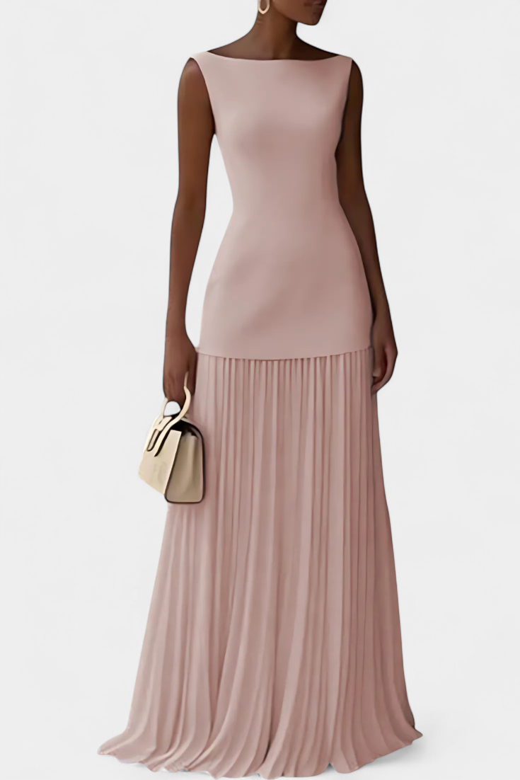Vestido maxi de gala para mujer, plisado, sin mangas, escote barco. Disponible en tallas grandes.