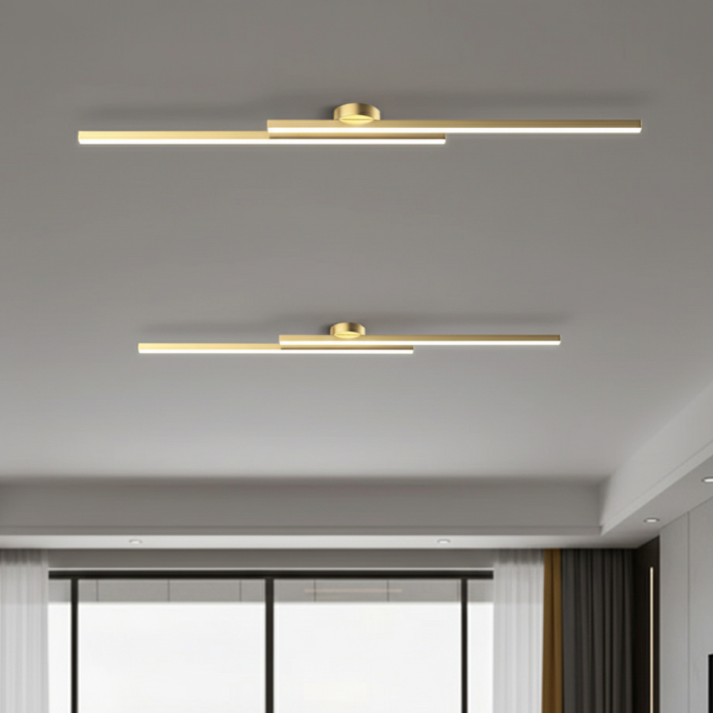 Iluminación contemporánea. Lámpara de techo lineal LED, moderna y minimalista. Luz interior.