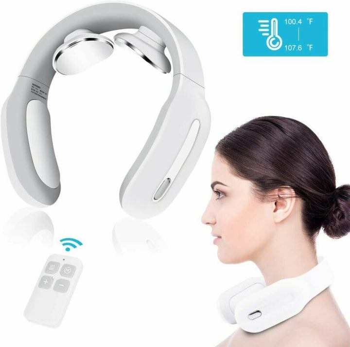 Masajeador cervical portátil con electroterapia de pulso y calor, perfecto para rigidez y tensión.