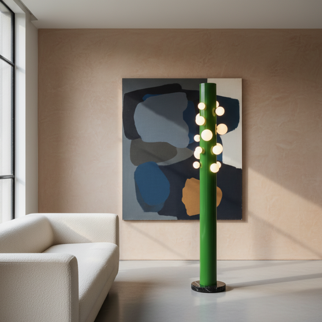 Lámpara de pie decorativa, moderna. Base verde y pantalla blanca. Iluminación elegante para cualquier habitación.