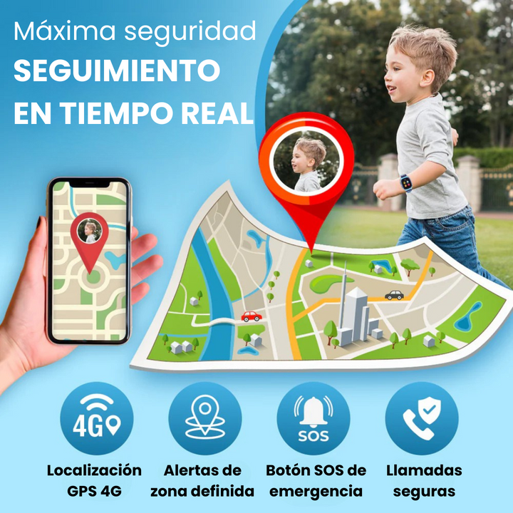 Smartwatch niños 4G, rastreador GPS para seguridad infantil y llamadas bidireccionales.