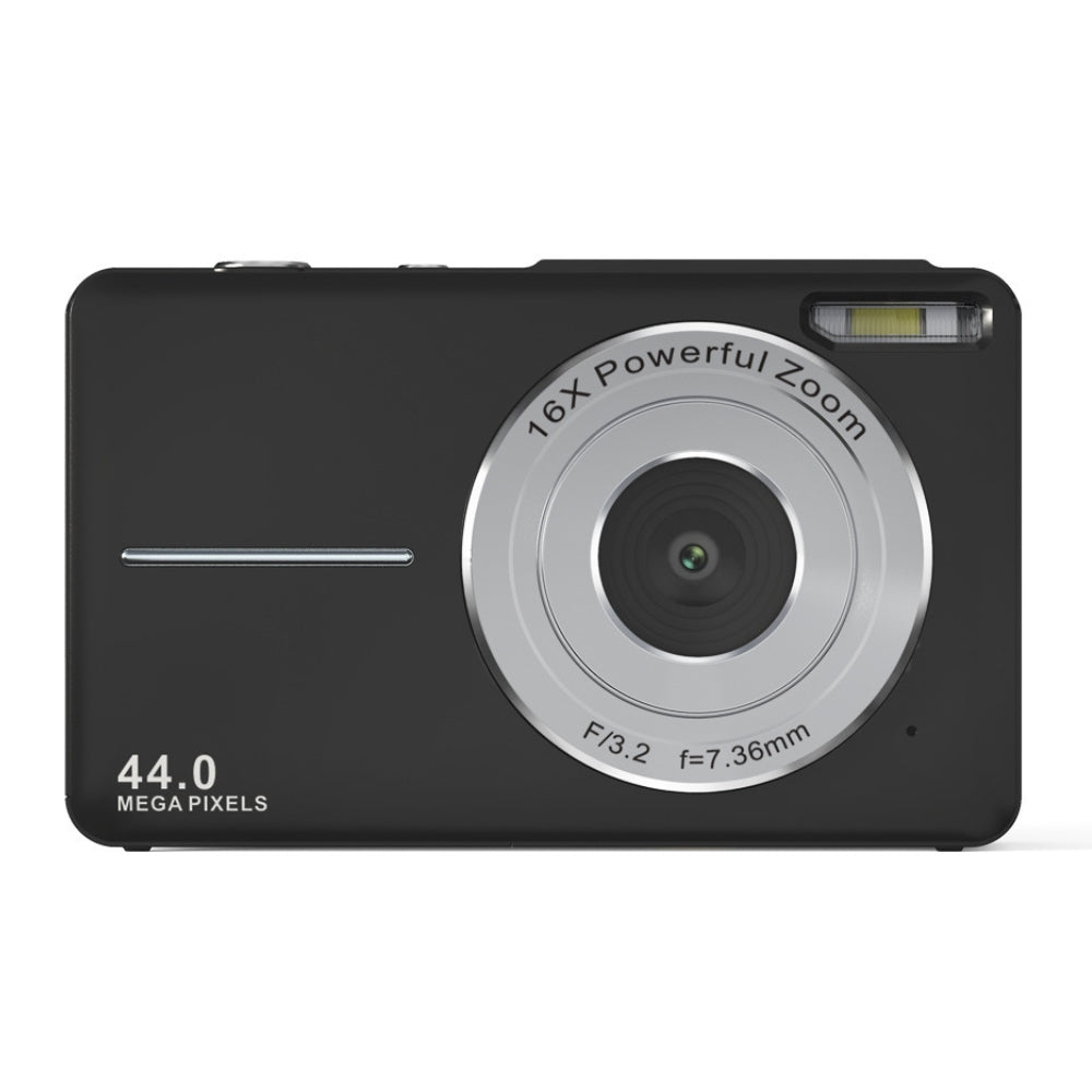Cámara compacta 44MP con función webcam, graba vídeo 1080P recargable, color negro.