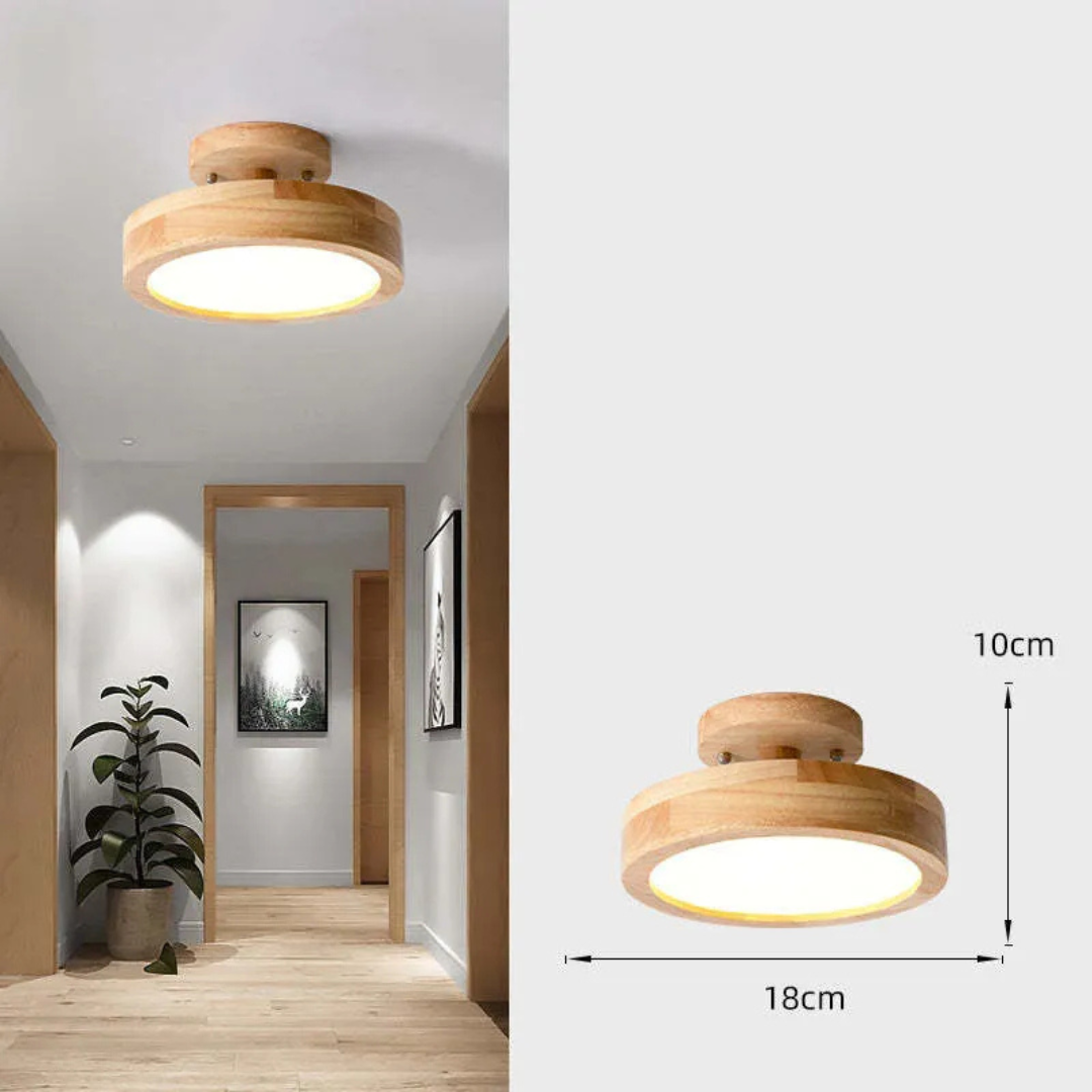 Lámpara de techo LED de madera con luz cálida o fría, diseño moderno y eficiencia energética.