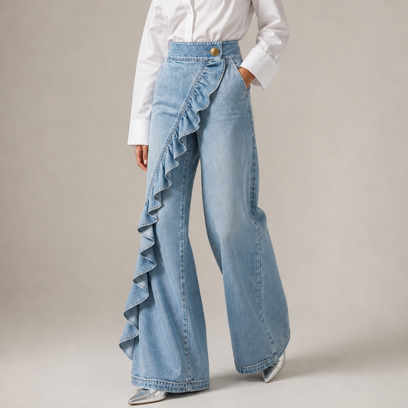 Pantalón de mujer de pierna ancha con volantes, estilo moderno ideal para un look casual chic. Moda cómoda.