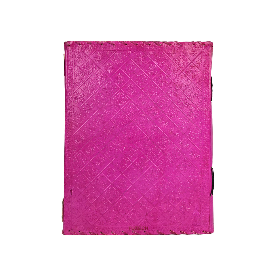 Cuaderno espiritual de cuero rosa grande con diseño chakra para diario, arte y escritura creativa.