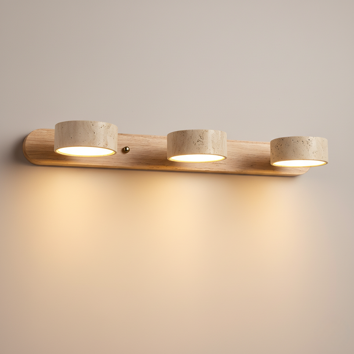 Luz LED de pared estilo Japandi, focos ajustables para baño o interior.