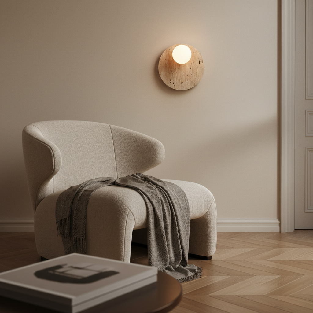 Lámpara de pared artesanal de piedra con luz cálida. Estilo Wabi-Sabi y minimalista para un ambiente tranquilo.
