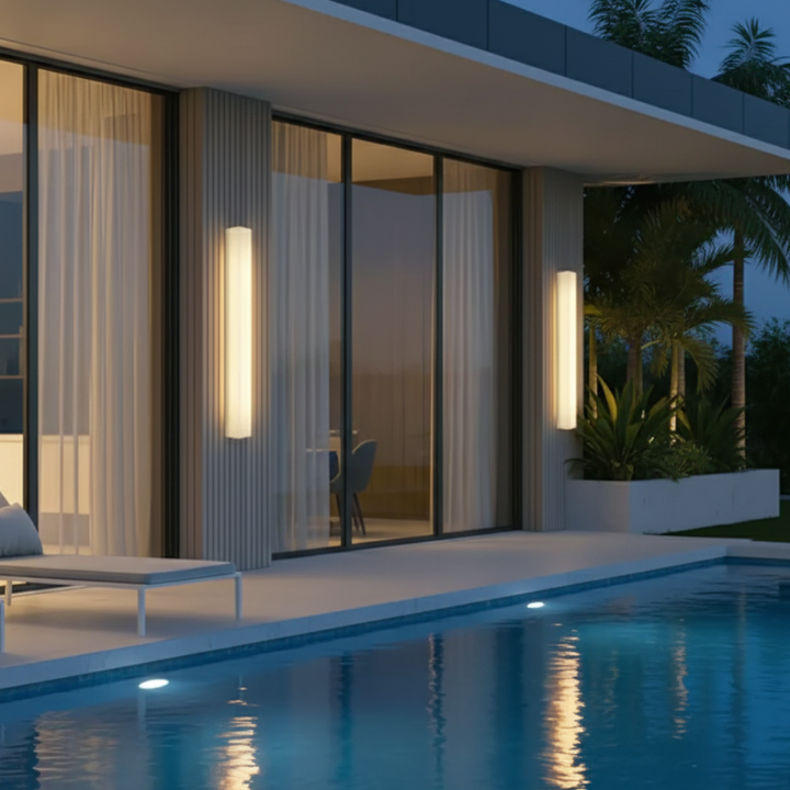 Aplique de pared LED exterior, forma rectangular. Iluminación moderna para terraza, jardín y entrada.