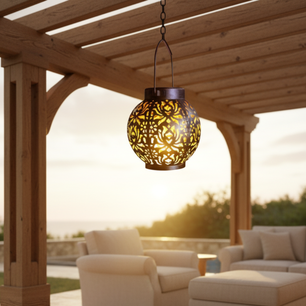 Lámpara solar decorativa colgante, iluminación floral para jardín, patio y ambientes exteriores.