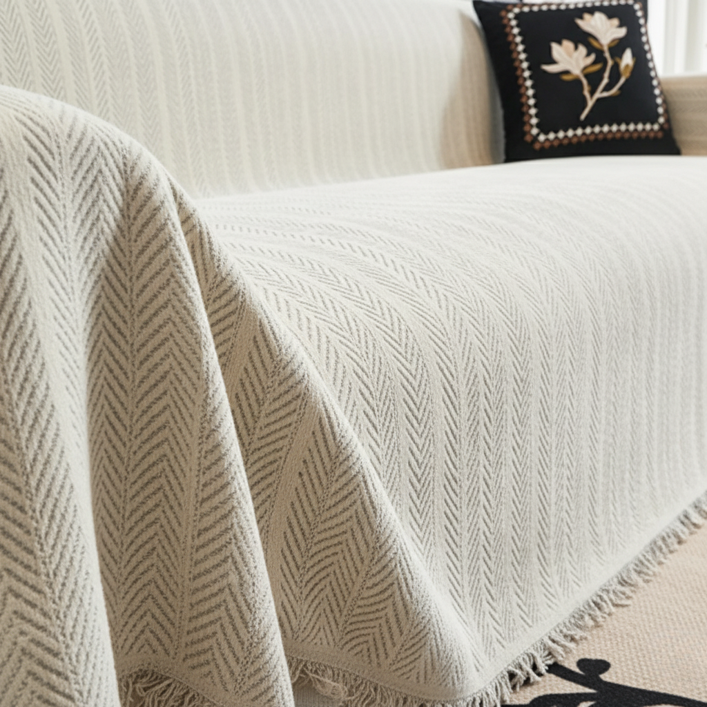 Funda protectora de sofá lavable, tejido de chenilla suave con patrón chevron, ideal para decoración hogar.
