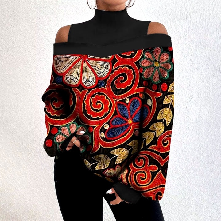 Blusa de moda off-shoulder para mujer con cuello alto y manga larga. Perfecta para un look elegante y cómodo.