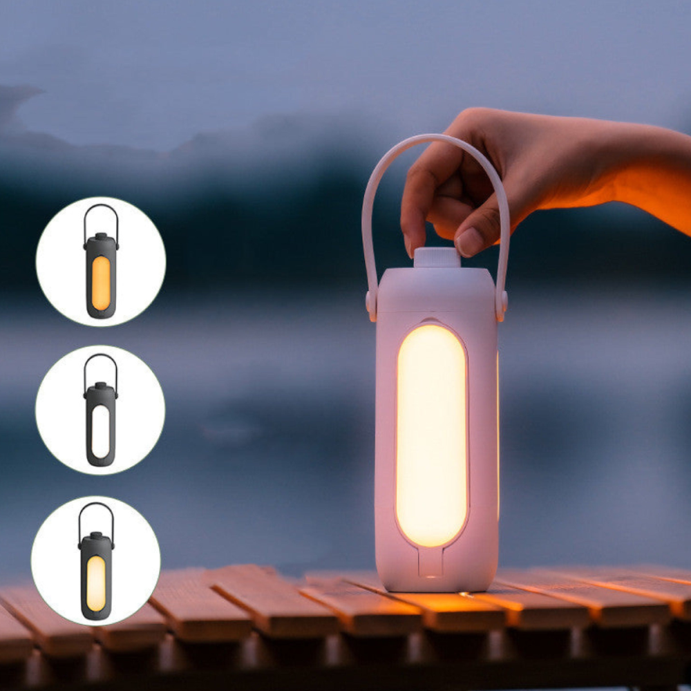 Iluminación cálida LED para exteriores, lámpara portátil recargable USB con diseño minimalista.