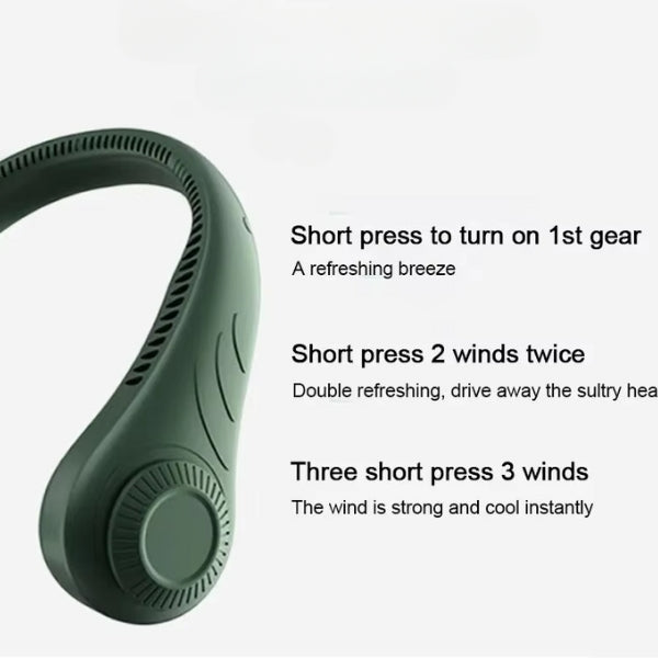 Ventilador de cuello portátil unisex con batería de larga duración. Ideal para verano, viaje y actividades al aire libre.