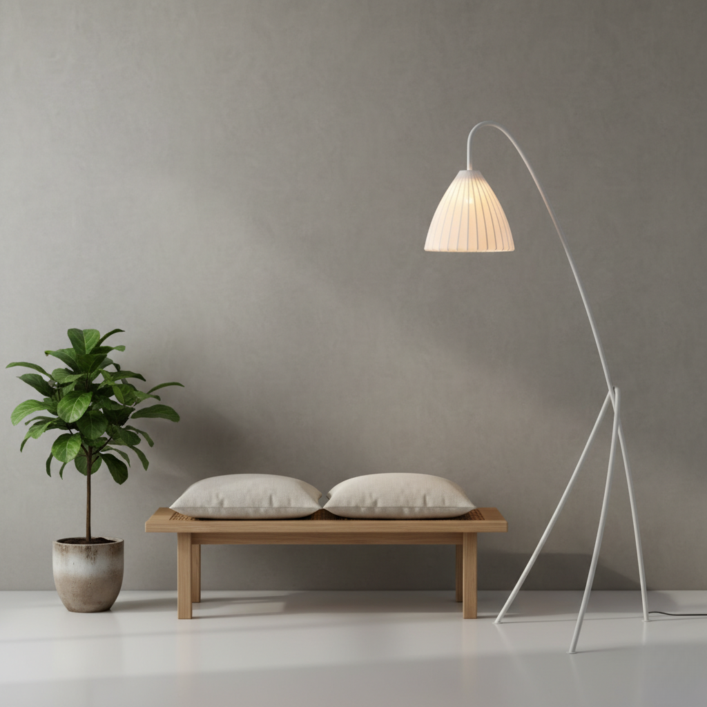 Lámpara de pie para sala de estar, trípode moderno. Pantalla plisada que ofrece luz de ambiente.