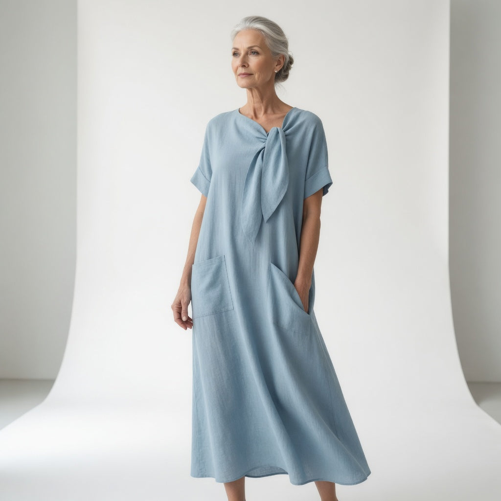 Vestido midi fluido de verano para mujer, ideal para días casuales o vacaciones en la playa. Transpirable y cómodo.