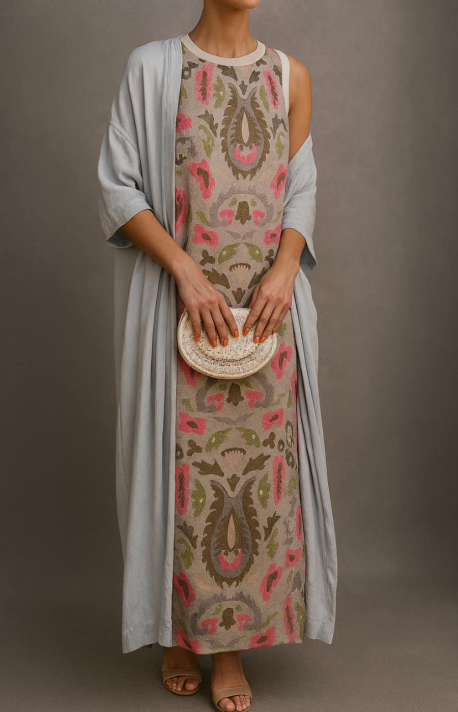 Mujer elegante con vestido estampado sin mangas, mostrando caída fluida y estilo versátil para moda veraniega.