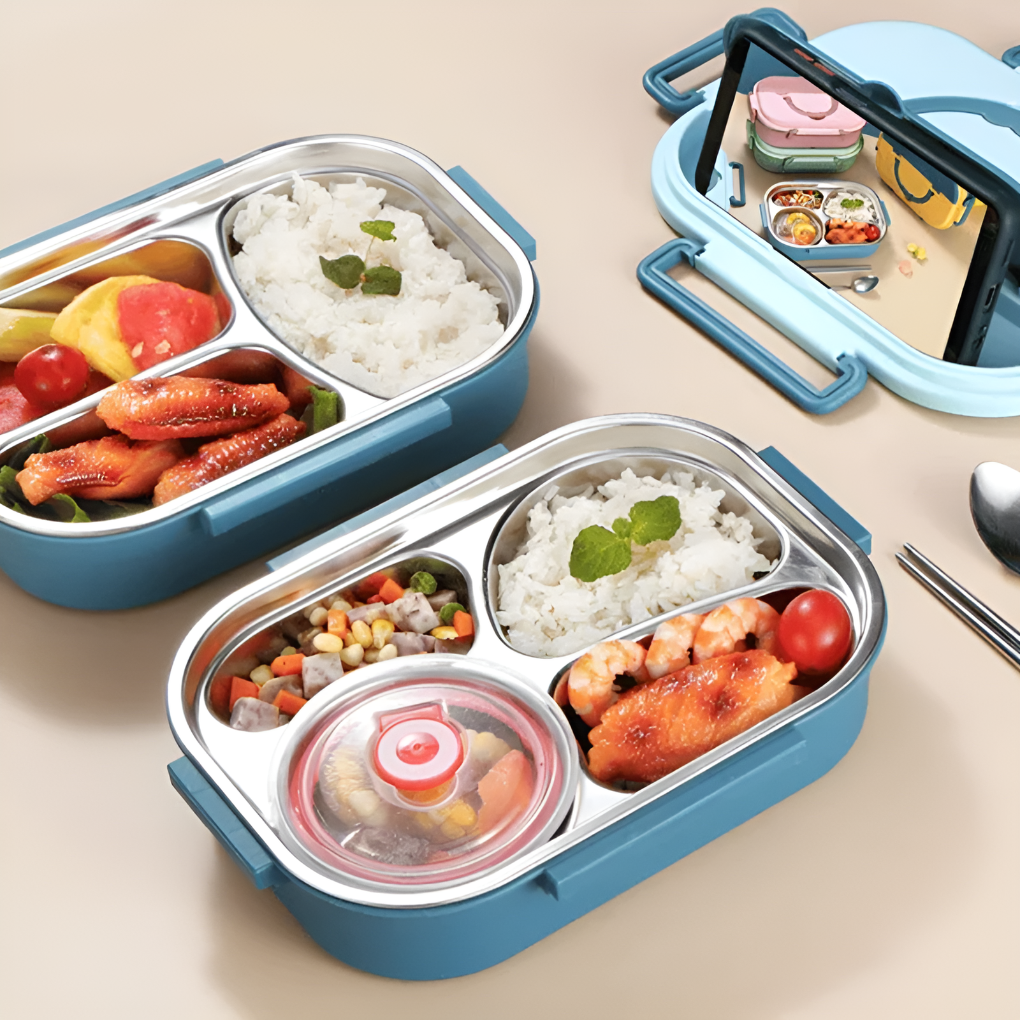 Caja térmica moderna de acero inoxidable. Mantiene comidas frescas. Perfecta para viajes y actividades al aire libre.