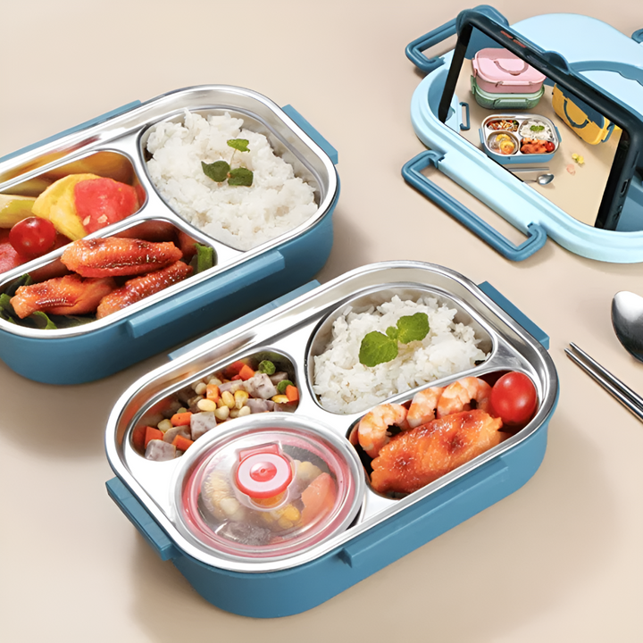Caja térmica moderna de acero inoxidable. Mantiene comidas frescas. Perfecta para viajes y actividades al aire libre.
