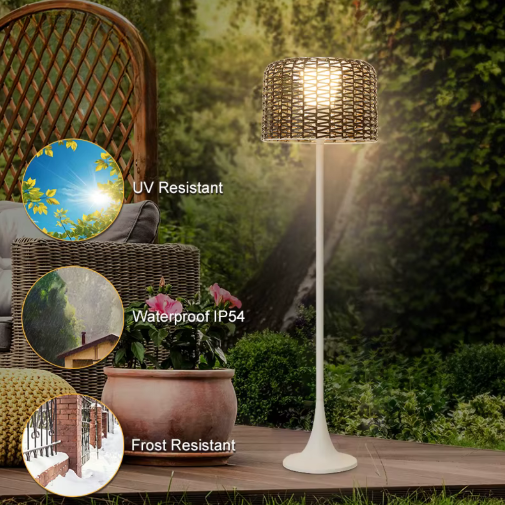 Lámpara solar LED de suelo para jardín. Eficiencia energética y luz decorativa para exterior.