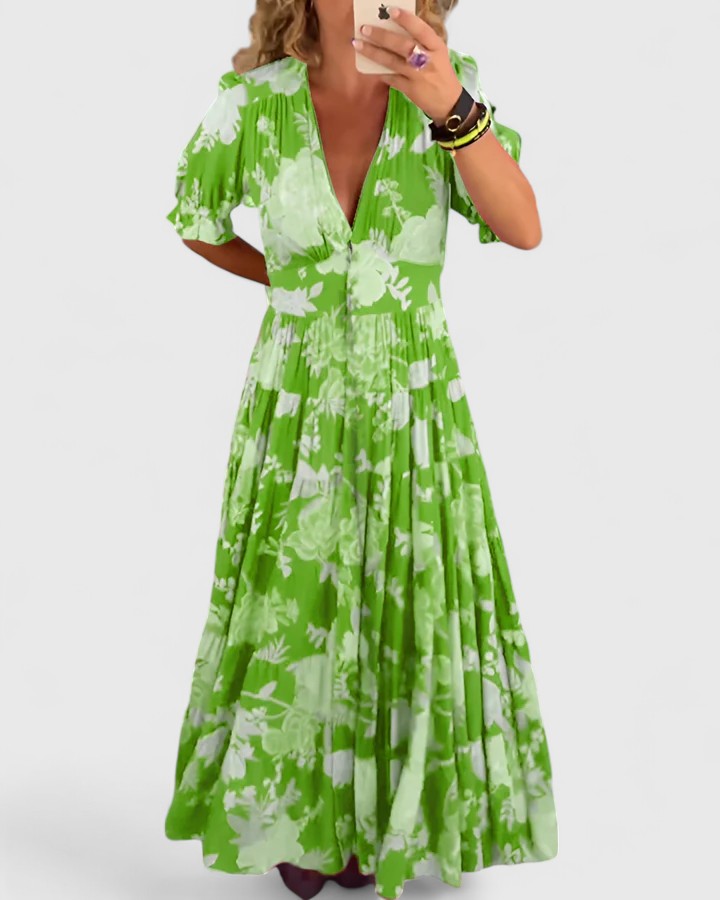 Vestido floral de mujer con cuello V y bolsillos. Ropa cómoda, fluida y casual ideal para primavera y verano.