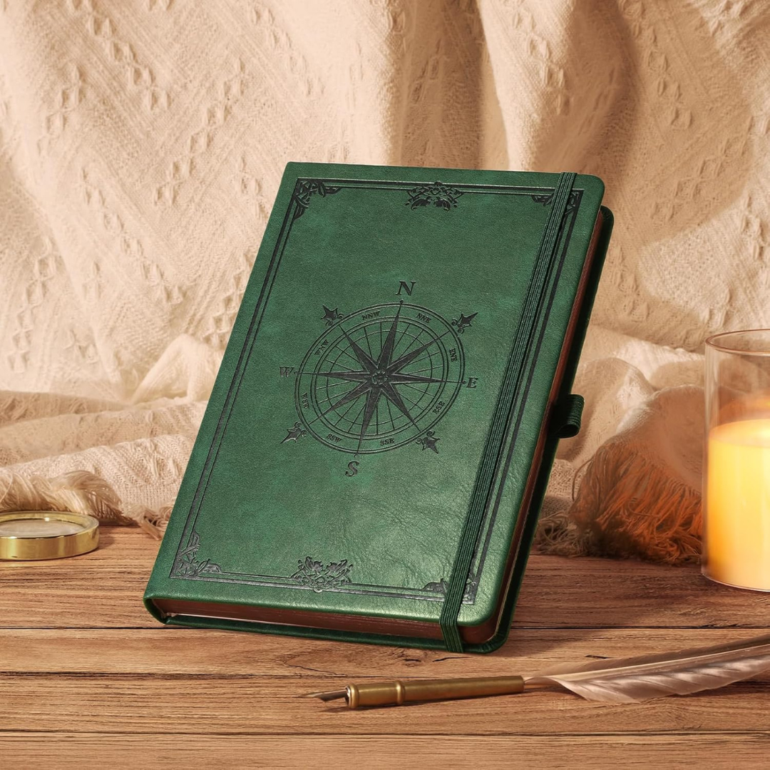 Cuaderno de cuero estilo vintage A5, páginas numeradas para diario, escritura, organización y notas importantes.