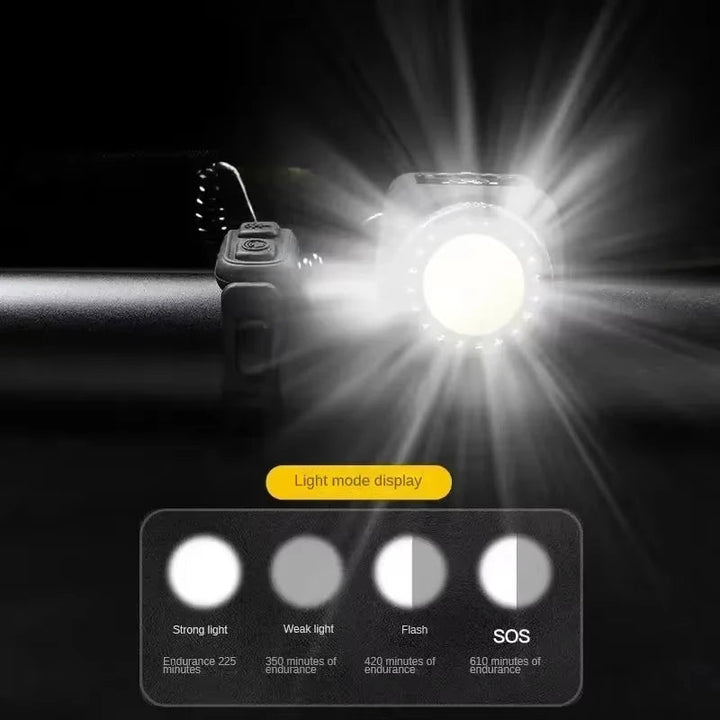 Bocina y luz LED delantera instalada en manillar de bicicleta, ideal para seguridad y visibilidad en ciudad.