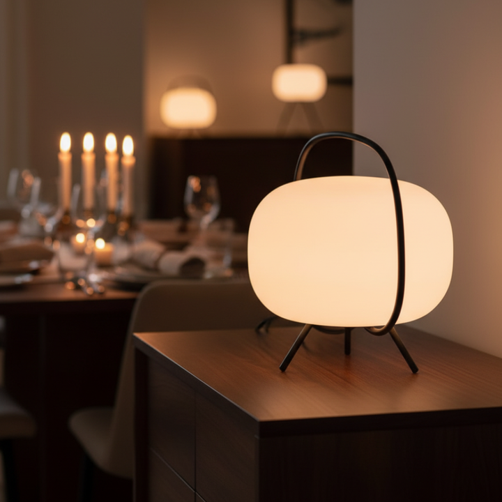 Lámpara de mesa contemporánea, iluminación ambiental suave, diseño elegante y moderno.