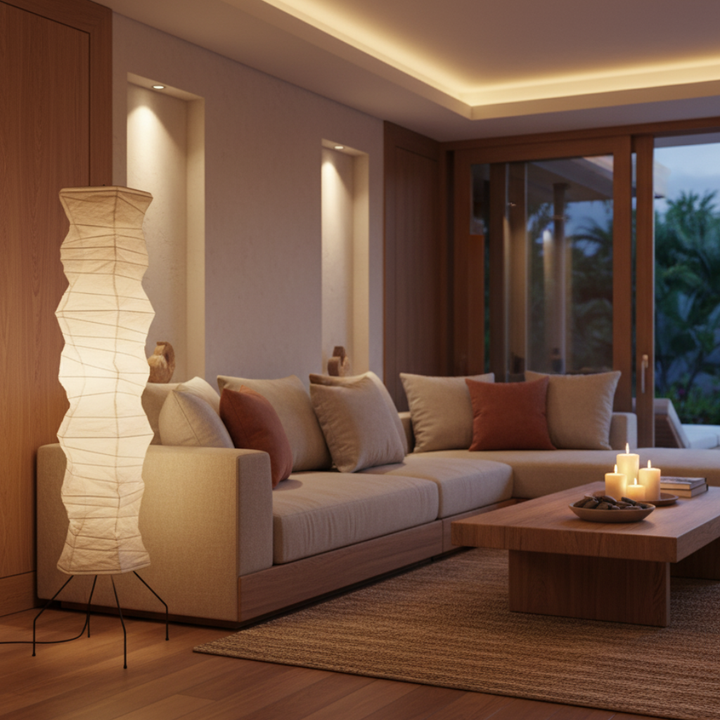 Iluminación serena con lámpara de pie WabiSabi japonesa para salón. Luz cálida que crea un ambiente relajante.