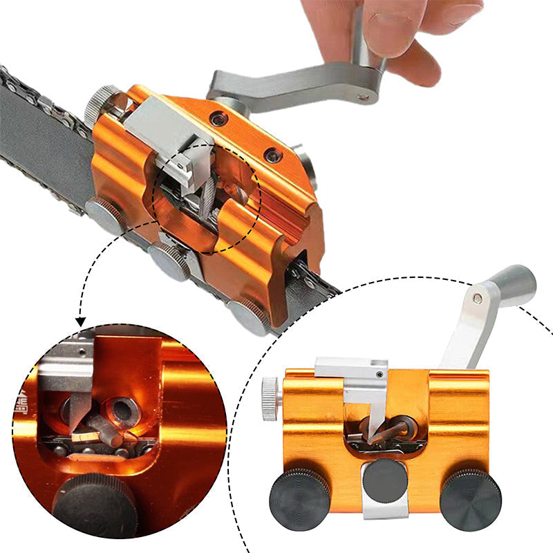 Herramienta de precisión para afilar cadenas de motosierra, optimiza cortes en el jardín y bosque.