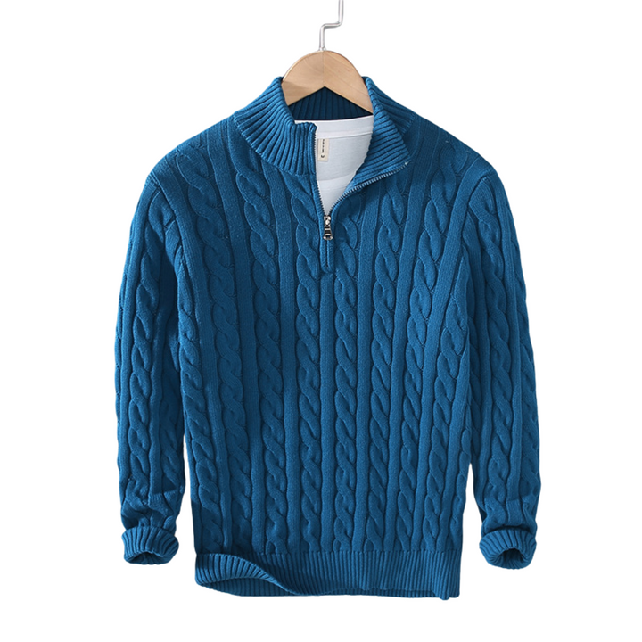 Suéter de algodón para hombre, cuello alto y media cremallera. Ajuste cómodo, ideal para otoño/invierno.