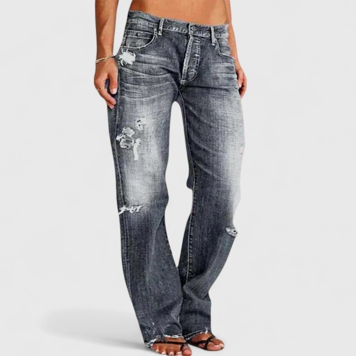 Vaqueros de mujer de talle bajo con pierna ancha, confeccionados en denim elástico. Estilo moderno para ropa casual.