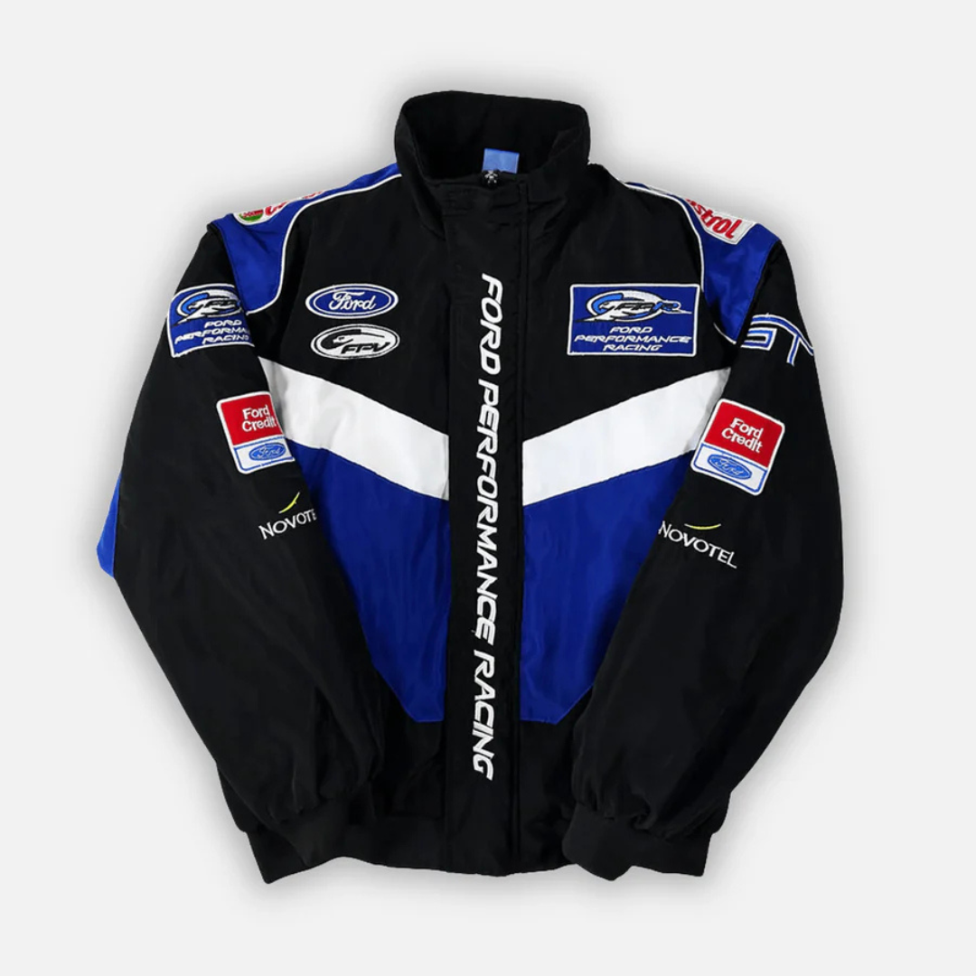 Chaqueta de carreras clásica unisex estilo retro, ideal para automovilismo y moda.