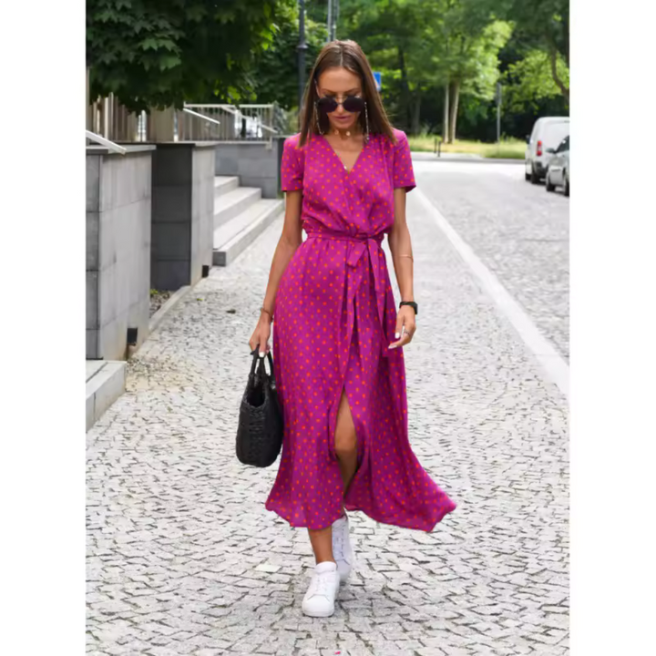 Vestido cruzado VALERÍA con cuello V y manga larga, estampado fluido. Moda femenina elegante y cómoda de poliéster.