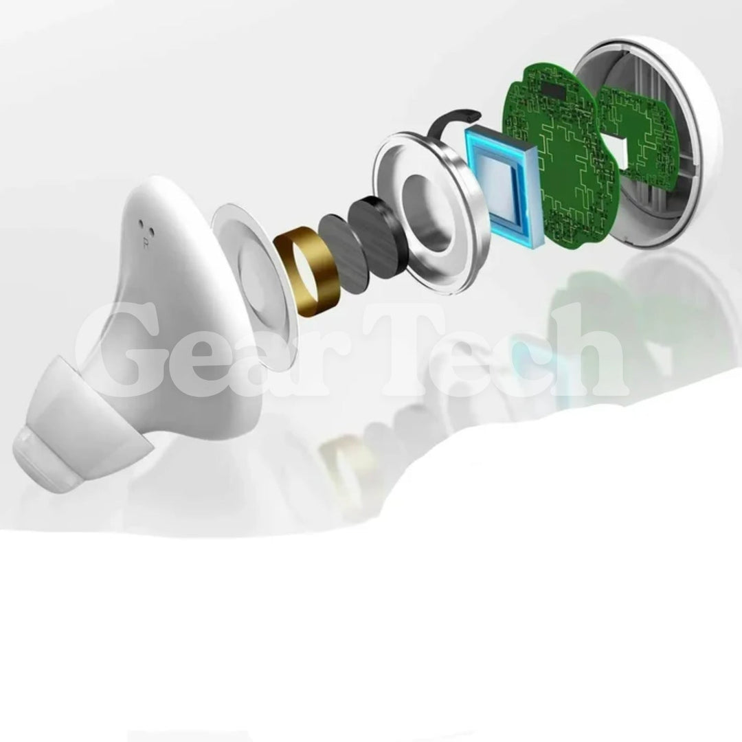 Diseño discreto y ergonómico. Audífonos in-ear recargables Bluetooth, cómodos para uso diario y comunicación.