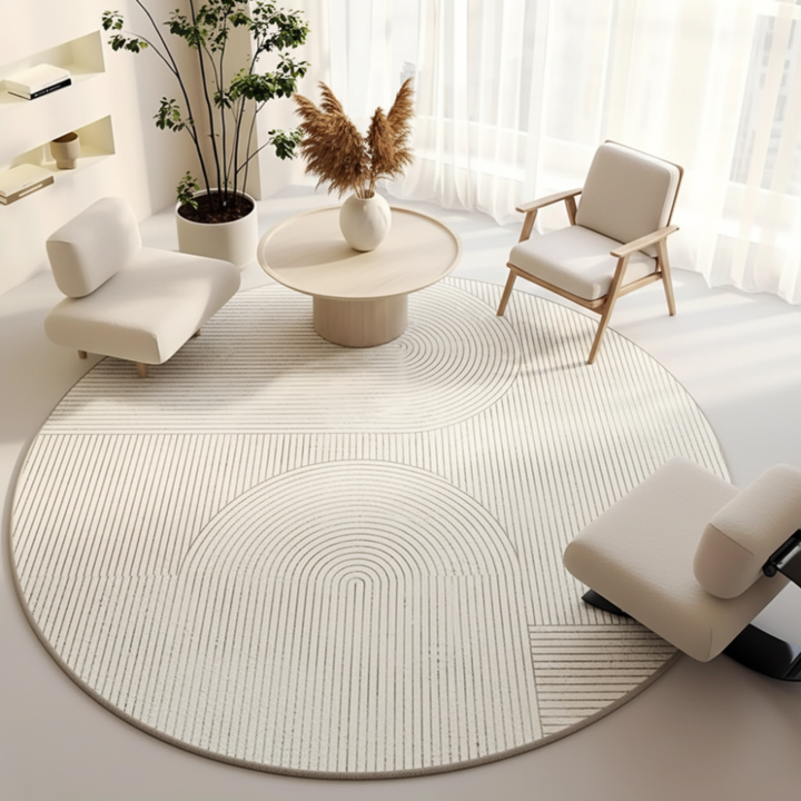 Vista general de alfombra redonda antideslizante, un toque elegante y seguro para cualquier espacio del hogar.
