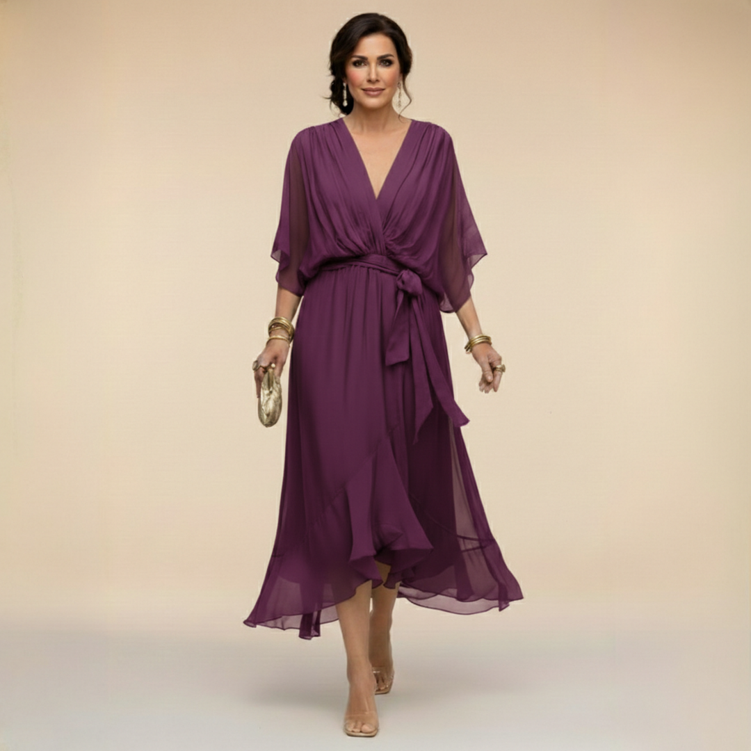 Vestido midi elegante fluido para mujer, caída suave, escote V, cintura ajustable. Realza la figura con sofisticación.