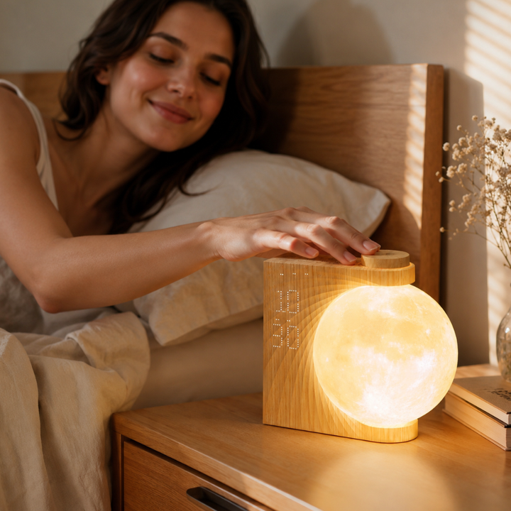 Reloj despertador moderno con luz de amanecer para dormitorio, mejora tu rutina matutina y descanso.