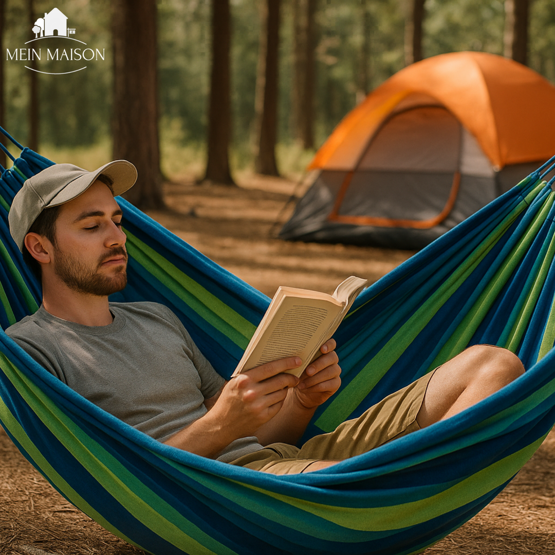 Hamaca de camping ultrarresistente para aventura y viajes. Disfruta la naturaleza con confort y estabilidad.