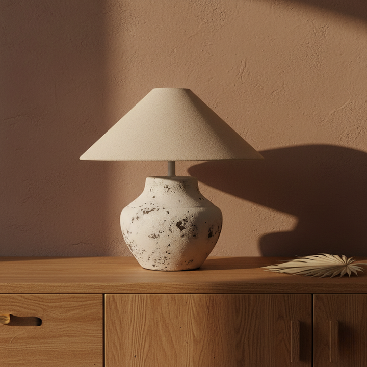 Lámpara de mesa de cerámica rústica con pantalla de lino, un toque artesanal y elegante para iluminación ambiental.