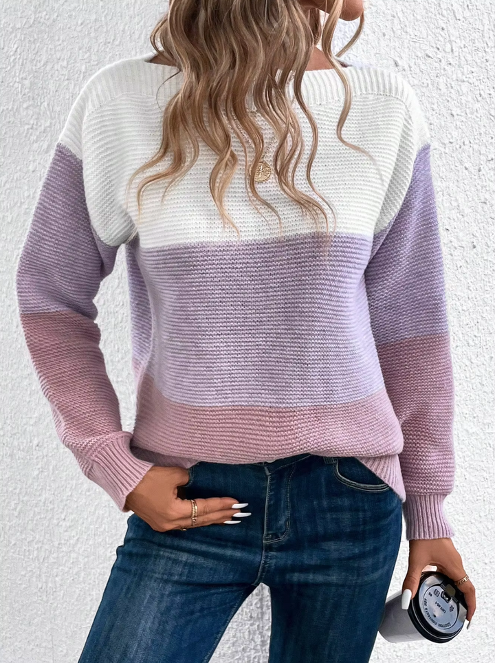 Suéter de punto tricolor con cuello redondo y mangas largas para mujer. Pullover elegante y ropa cómoda de estilo casual.
