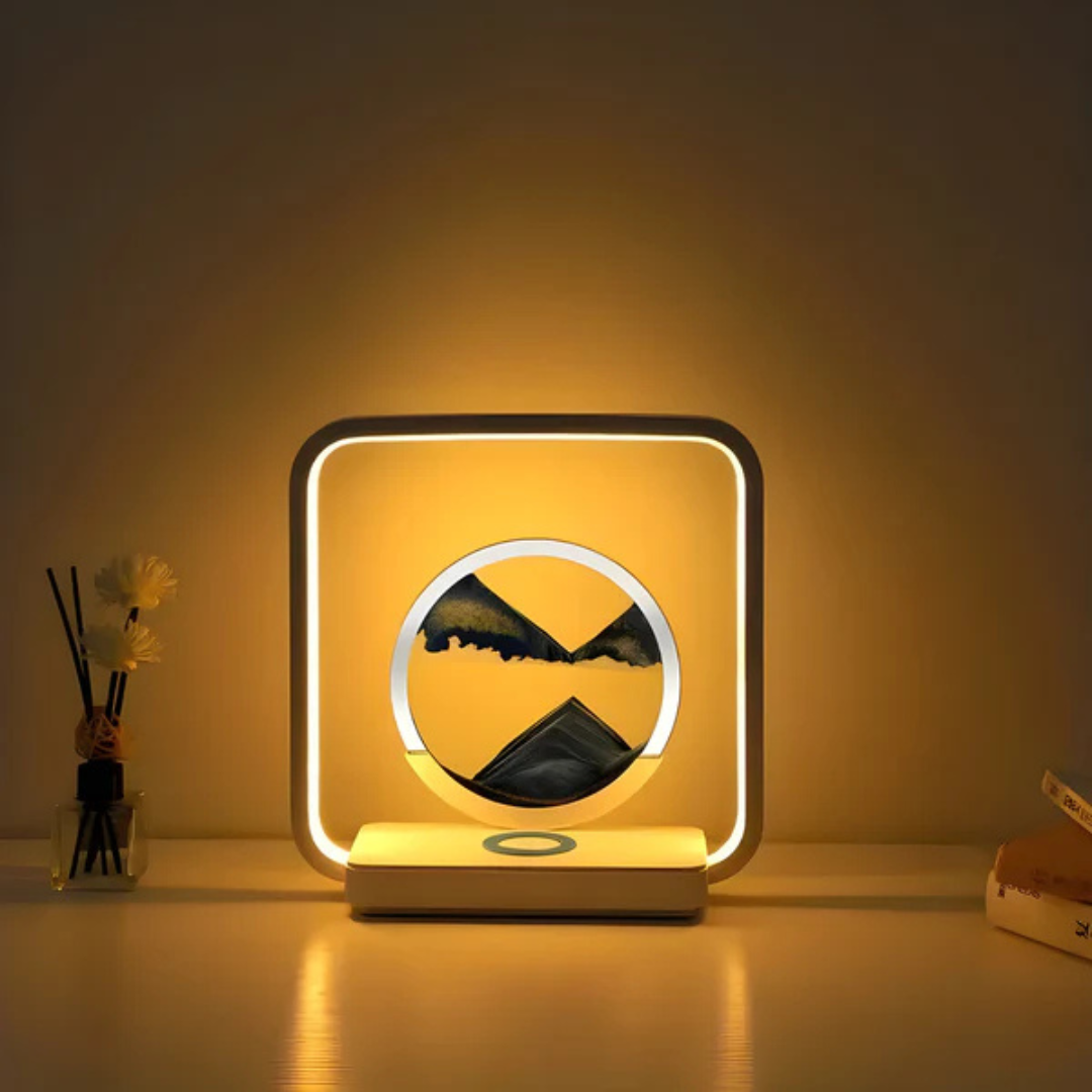 Lámpara LED de mesa con arena fluyendo 3D, ideal como luz nocturna relajante para dormitorio.