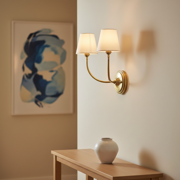 Aplique de pared doble para sala, dormitorio. Estilo moderno, brazos curvos, luz cálida ambiental.
