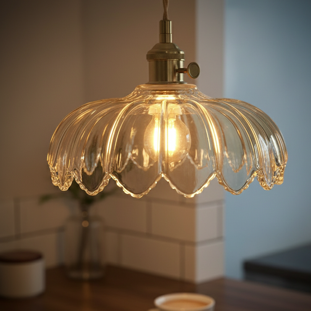 Elegante lámpara colgante floral de vidrio estriado y latón. Iluminación cálida para tu cocina o comedor.
