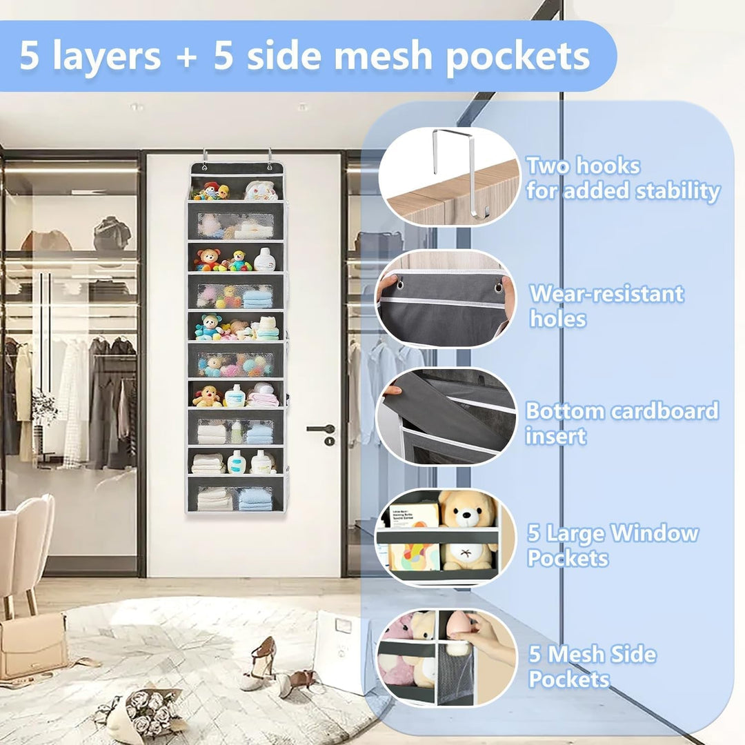 Organizador de puerta negro, 5 amplios estantes para un almacenamiento vertical eficiente en cualquier habitación.