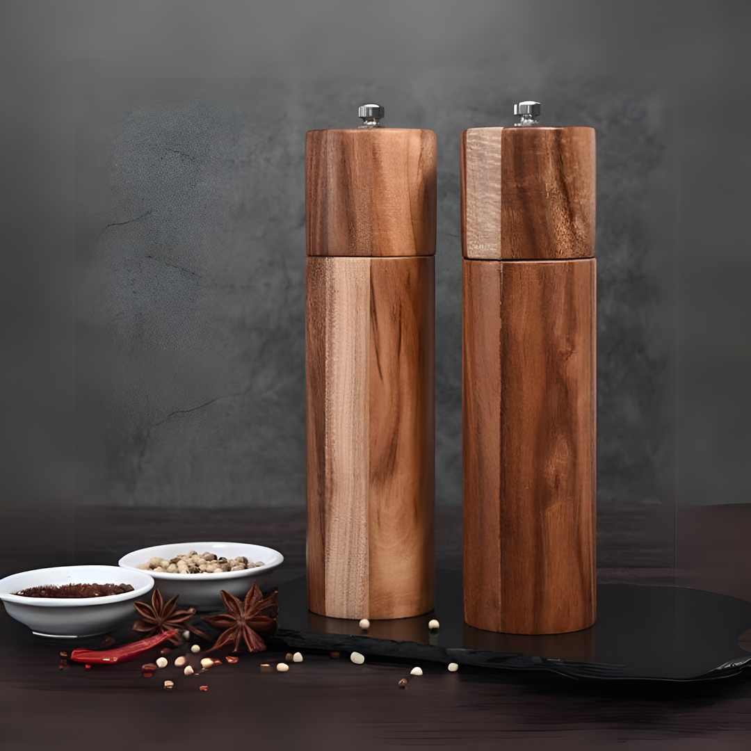 Molinos de especias de madera de acacia, diseño minimalista. Para pimienta y sal, utensilios de cocina elegantes.