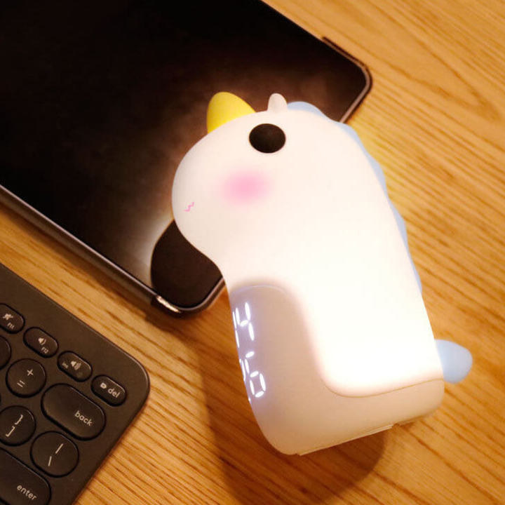 Regalo original: Luz nocturna LED de unicornio y reloj despertador para habitaciones infantiles.