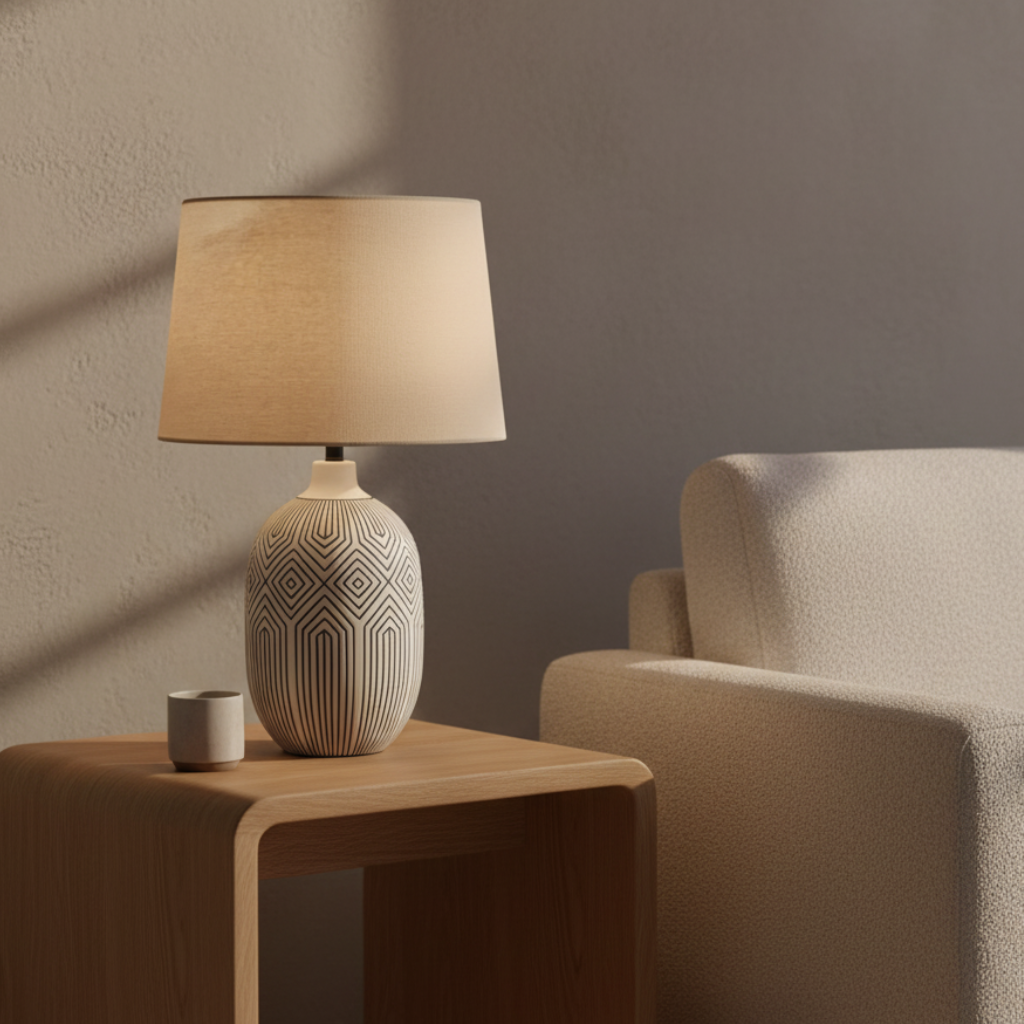 Elegante lámpara de mesa Lumera blanca, con un distintivo diseño escultural y moderno, ideal para iluminación decorativa.