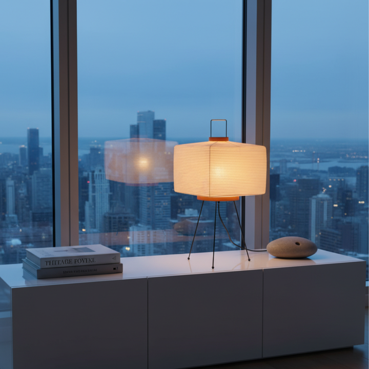 Lámpara de mesa Akari 7A, diseño trípode atemporal, ideal para luz ambiental.
